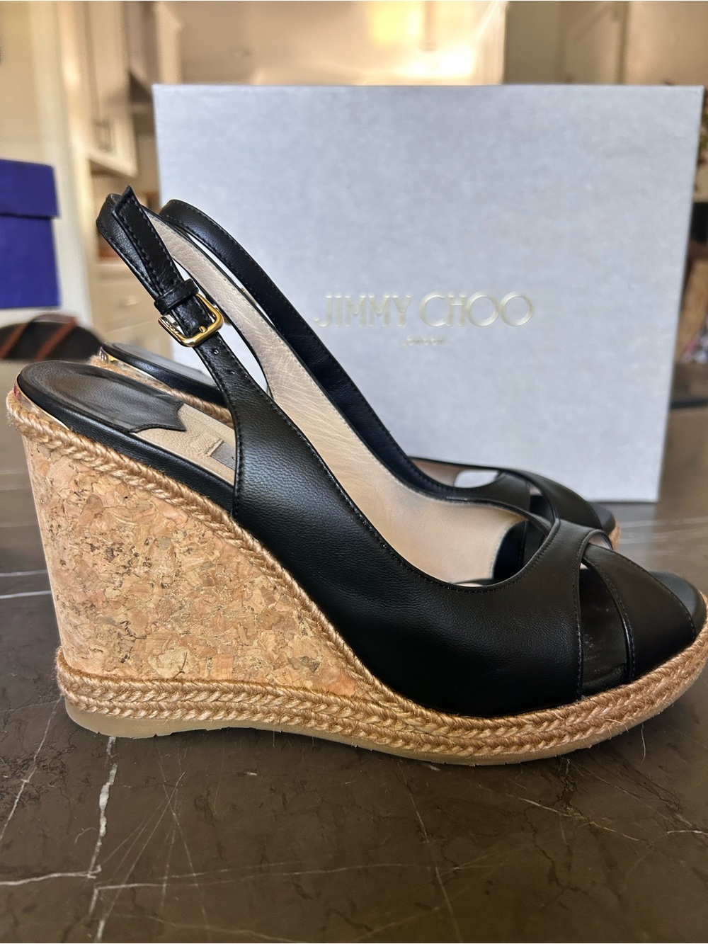 Jimmy Choo Black Leather Cork Espadrille Wedge Sandals